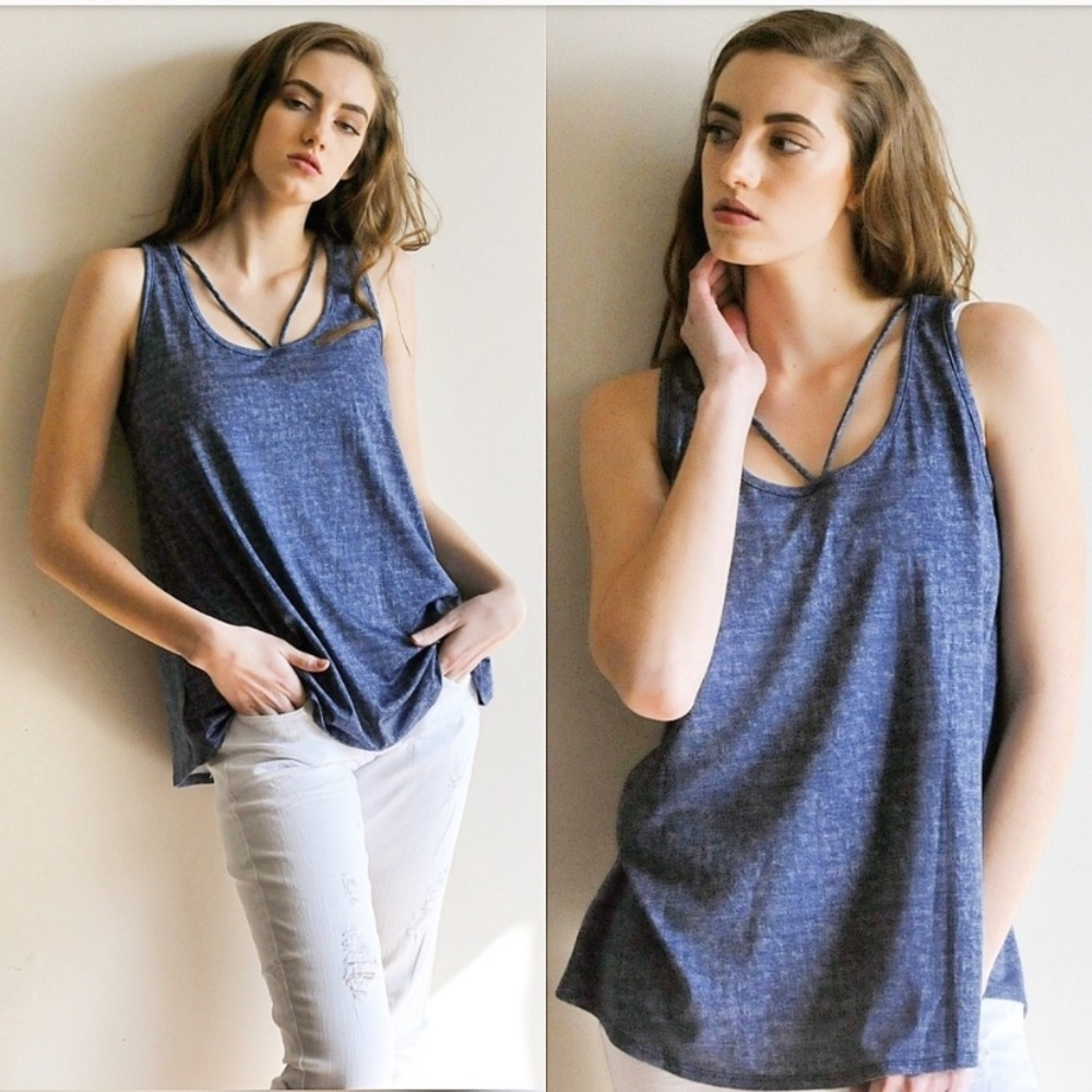 Heathered denim blue cross yoke sleeveless tank top Small S Medium M Large L